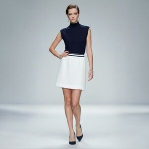 Celine White Cotton A-Line Skirt Navy Stripe Waist Size 40